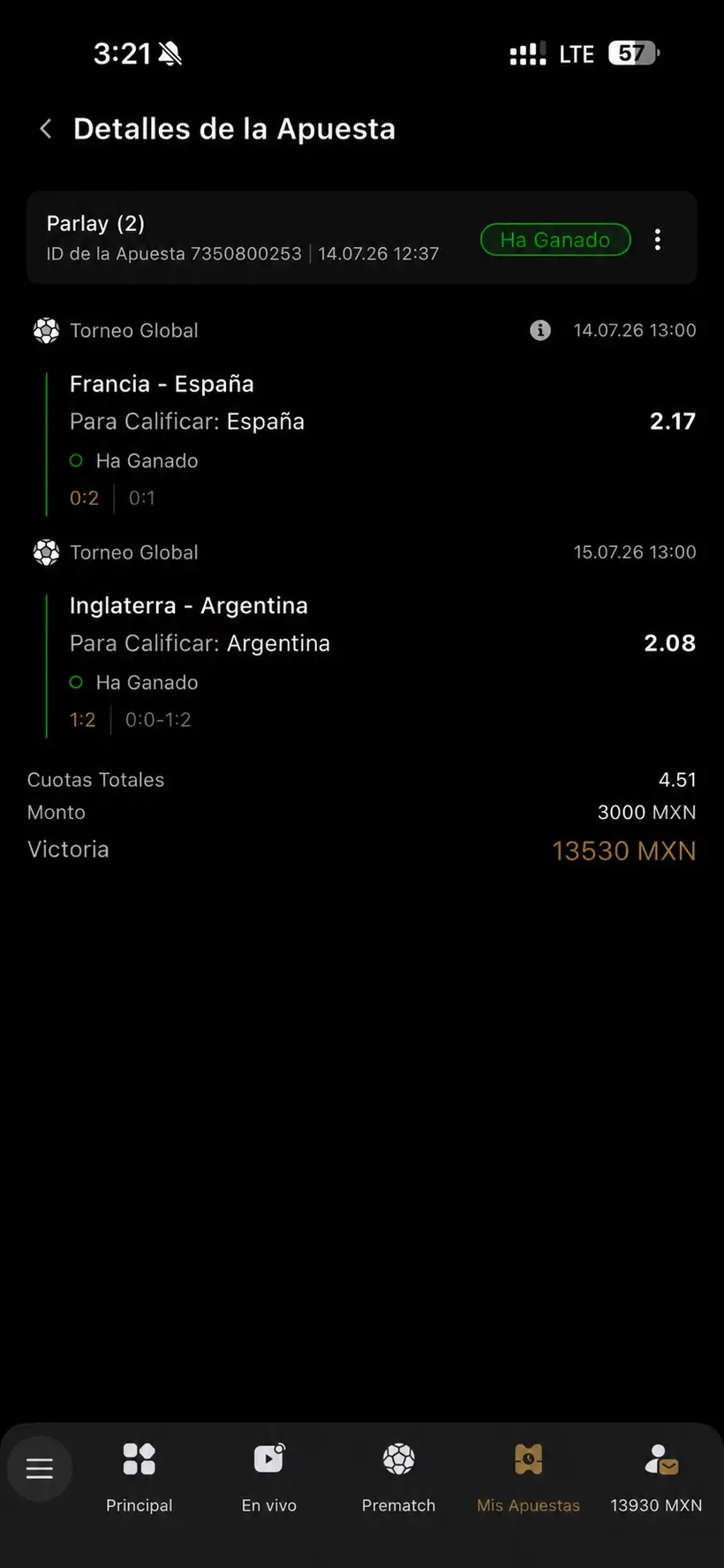 Captura de un miembro con una apuesta ganada